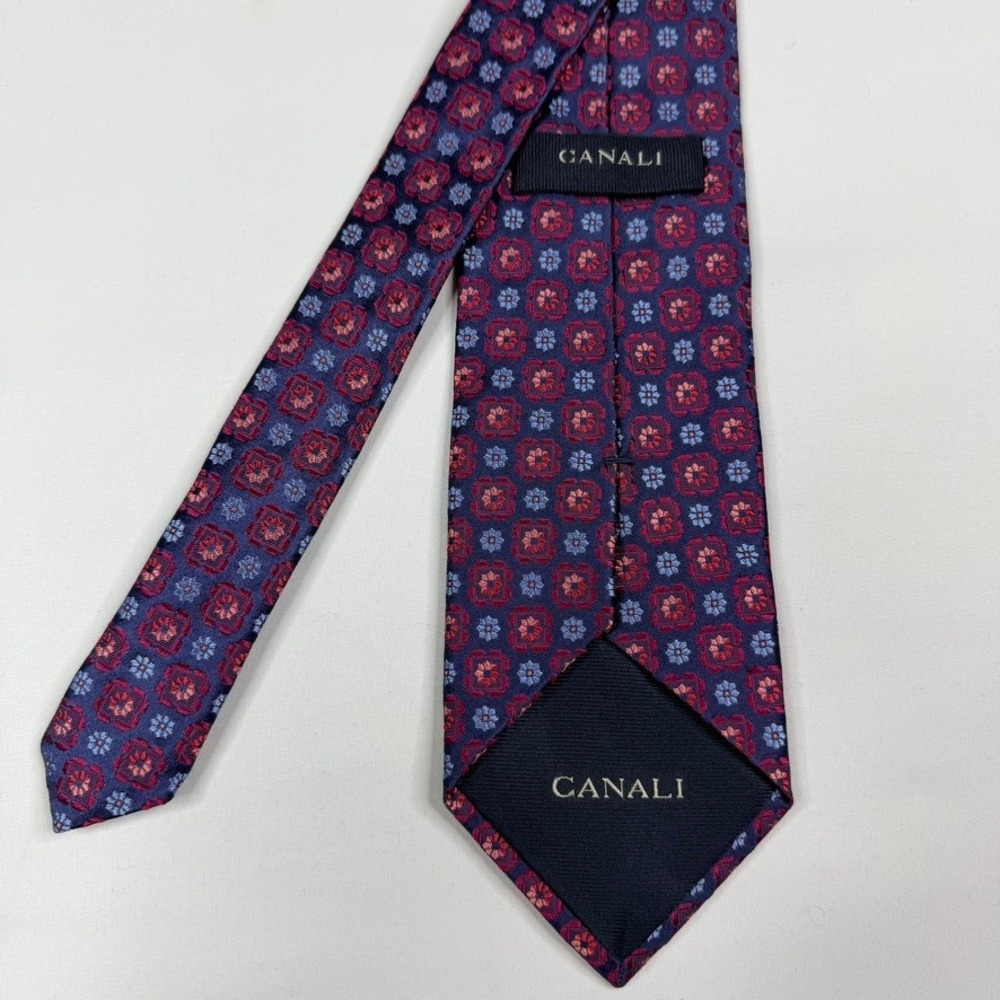 Canali Silk Tie Mens Navy Blue Burgundy Geometric‎ Medallion Made Italy